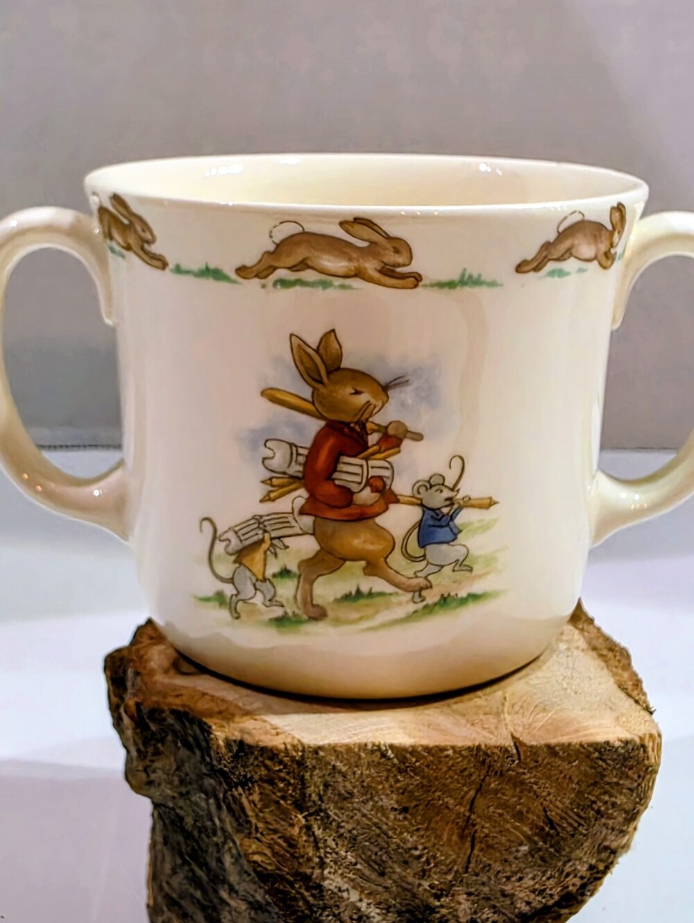 Vintage Royal Doulton Bunnykins Two-Handled Mug Wheelbarrow Race Training Cup